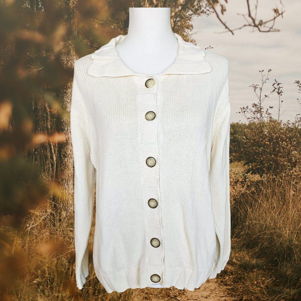 Northern Isles Vintage Button Up Collared Ivory Cardigan Sweater Size L
